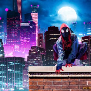 Neon City Rooftop Superhero Digital Background (JPG)