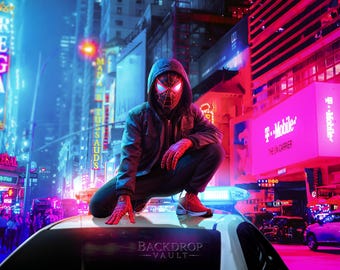 Neon City Superhero Digital Background: Spider-Verse Theme (JPG Download 6000x4800px)
