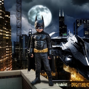 Dark Rooftop Hero Digital Background: Bat Signal, Hoverjet (Digital Download)