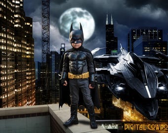 Digitale achtergrond Dark Rooftop Hero: Hoverjet (digitale download)