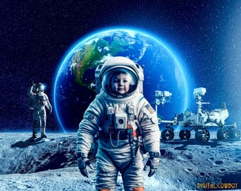 Kindastronaut op maan digitale achtergrond: scifi-ruimtecomposiet (digitale download)