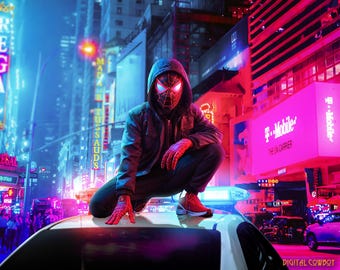 Digitale achtergrond Neon City-superheld: thema Spider-Verse (JPG-download 6000 x 4800 px)