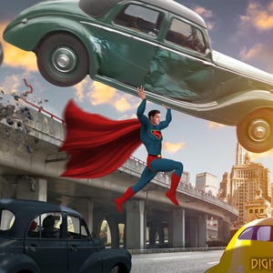 Golden Age Superhero Digital Background, Car-Lifting, Vintage Comic-Style Backdrop for Photography, Digital Backdrop, Digital Download