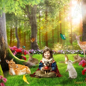 May include: A young child wearing a crown and a blue and red dress, holding a small dog, sits in a lush green forest. Butterflies, deer, rabbits, and an owl are also present. The scene is filled with flowers and sunlight.