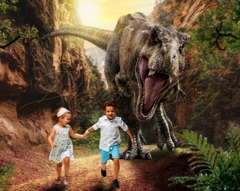 Running with T-Rex Digital Background, T-Rex Digital Background, Dinosaur Digital Background, Dinosaur Background for Photographers