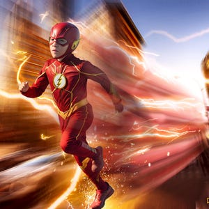 May include: A child in a red and yellow Flash costume runs with speed lines and lightning effects. The costume includes a helmet, chest emblem, and a yellow belt. The background is blurred with a cityscape.
