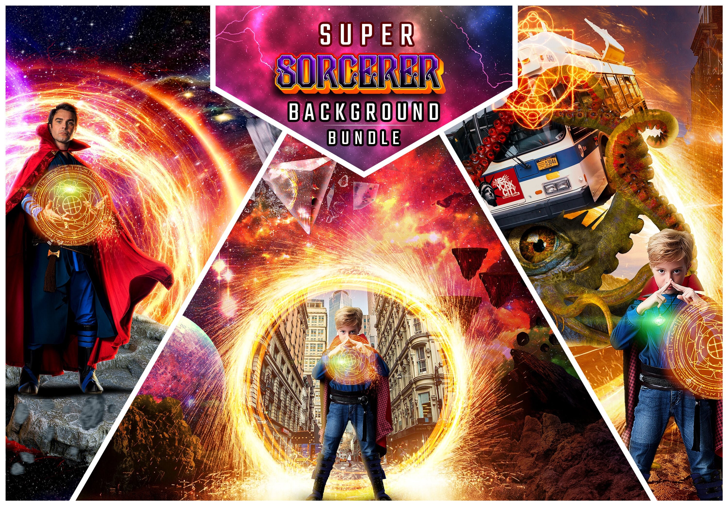 3er PACK Superhero Sorcerer Digital Backdrop BUNDLE - Multiverse Magic Portal Backdrop - Composit Photoshop für Fotografie