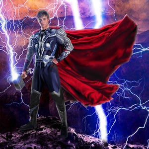 Thor, Lightning Warrior, Superhero Digital Background, Superhero Cosplay Backdrop, Hammer, Lightning, Composite Photography Background