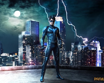 Fondo digital de superhéroe en la azotea: Paisaje urbano con rayos (archivo JPG)