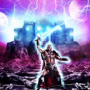 May include: A muscular warrior with long blonde hair stands on a rocky terrain, holding a glowing sword high toward a stone fortress shaped like a skull. The scene is illuminated by bright blue lightning bolts against a vibrant purple sky.