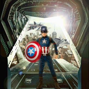 May include: A person dressed as Captain America, holding a red, white, and blue shield. They are wearing a blue and white costume with a star on the chest. The background features a futuristic interior with city and jet fighter imagery.