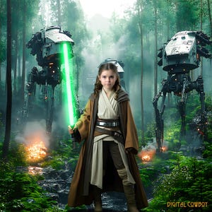 May include: A young person in a brown robe and holding a green lightsaber stands in a forest setting. Two mechanical walkers are in the background. The image has a fantasy theme with a digital cowboy watermark.
