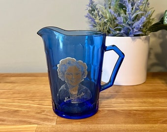 Vintage Shirley Temple Cobalt Blue Glass Creamer Pitcher With Etched Design / Cobalt Blue Depression Glass / Made in USA Circa 1930s
