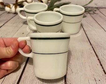 5 Vintage Pyrex Corning Milk Glass Coffee Cups Green Stripe Tea Mugs 5 Vintage Pyrex Corning Milk Glass Coffee Cups Green Stripe Tea Mugs