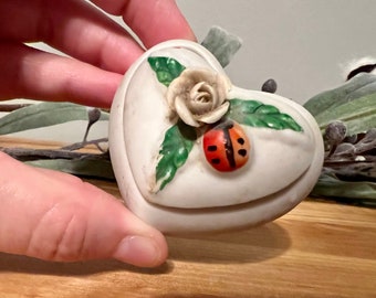 Vintage Heart-Shaped Tiny Trinket Dish With Flower and Ladybug Top, Three-Footed Ring Dish