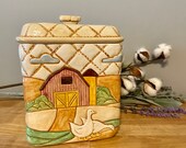 Vintage Farm Scene with Ducks or Geese Glazed Stoneware Crock Lidded Container Flour, Sugar, Coffee, or Tea Farmhouse Kitchen Containers