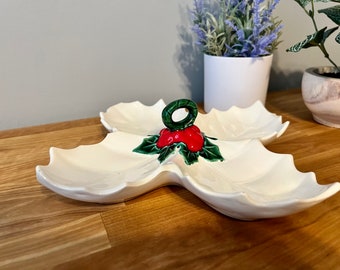 Vintage Holly Berry Serving Tray With Carry Handle / Handmade in the USA Circa 1970s / Artist Signed Ceramic Porcelain / Christmas Holiday