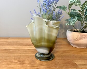 Vintage Murano Handkerchief Olive Green and White Handblown-Handpulled Modern Glass Ruffled Top Vase Art Glass / Artisan Handmade in Italy