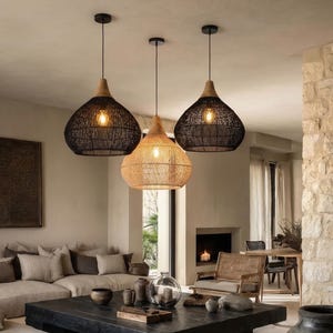 Handwoven Rattan Pendant Light, Natural Wicker Hanging Lamp, Boho Living Room Fixture