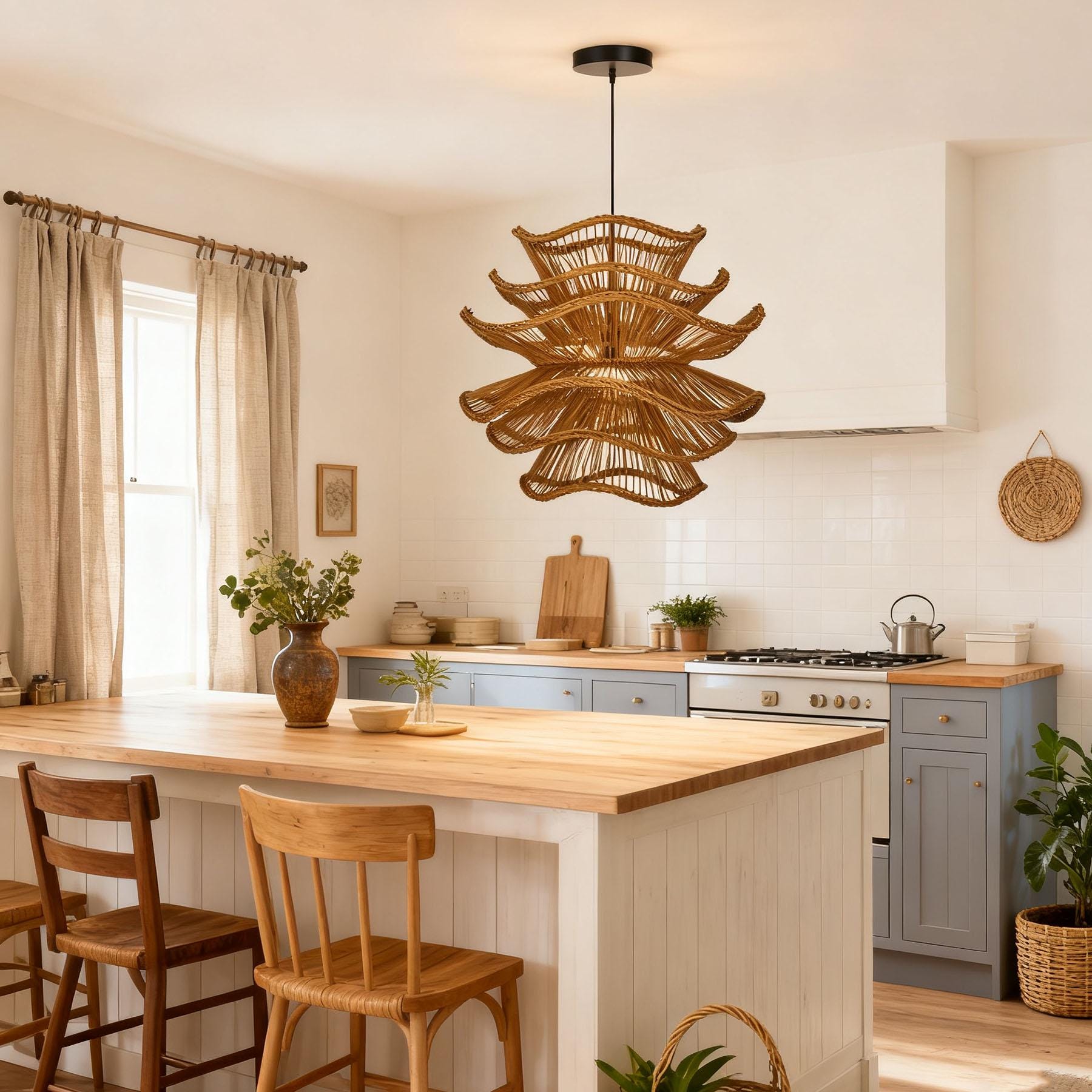 Boho Rattan Pendant Light, Handmade Unique Lampshade, Rattan Ceiling ...