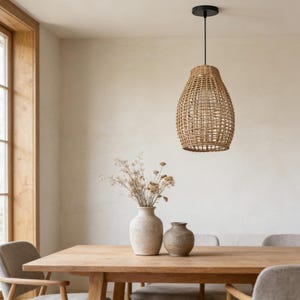 Boho Rattan Pendant Light, Handwove Basket Hanging Lamp, Coastal Wicker Lighting for Dining Rooms