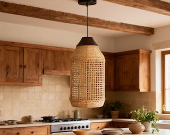 Handwoven Rattan Pendant Light, Boho Wicker Ceiling Lamp