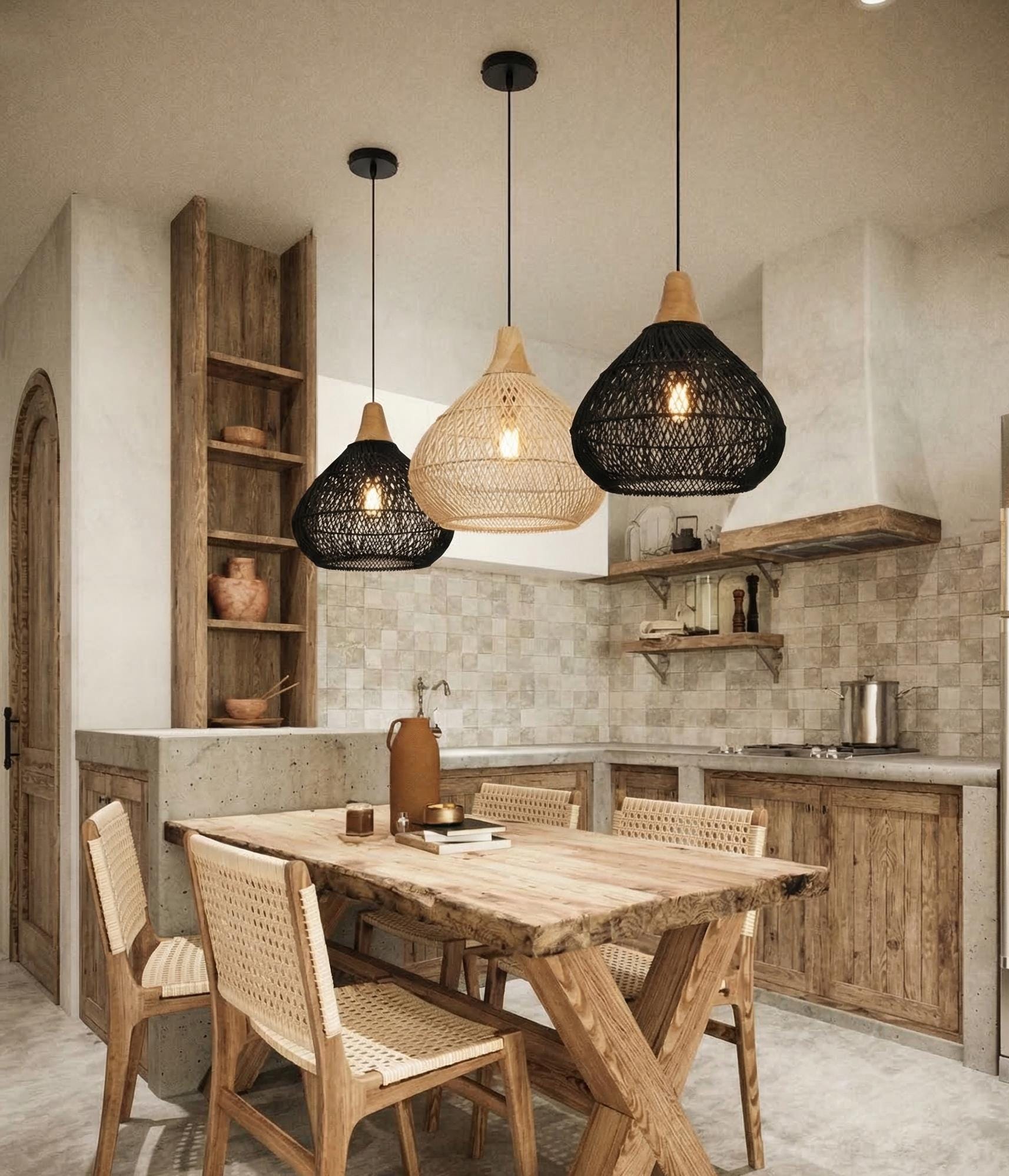 Handwoven Rattan Pendant Light, Natural Wicker Hanging Lamp, Boho ...
