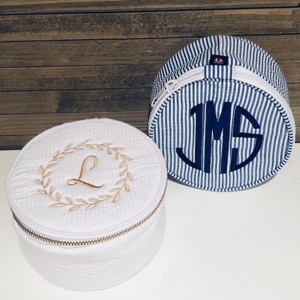 Round Seersucker Monogram Jewelry Bag, Personalized, Bridesmaid gift, Bride gift