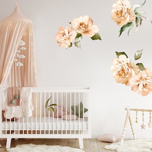 Large Rose Flower Wall Decals for nursery - Peach Peony / Rose Flower Decals with leaves, Flower Wall Stickers