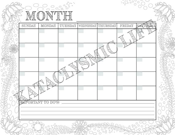 Simple Blank Monthly Calendar With Color-in Words and Border | Etsy