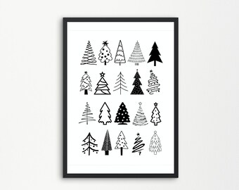 Árbol de Navidad de decoración de temporada, impresión de pino blanco y negro, impresión de árbol de hoja perenne, arte de la naturaleza imprimible, arte imprimible, decoración minimalista
