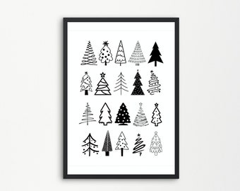 Black and White Christmas Tree Print: Minimalist Holiday Decor (Digital Download)