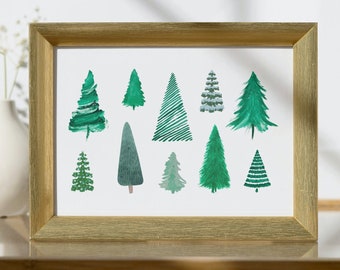 Tree Prints Nature Decor, Evergreen Trees Watercolor Print, Printable Decor Set of 5, Digital Download, Nature Lover Gift,