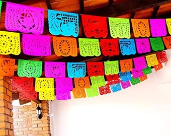 2 banners Mexican papel picado banner, tissue paper or plastic garland, fiesta party supplies, colorful traditional Large banner