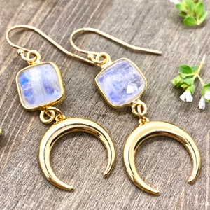 Rainbow Moonstone Crescent Moon Earrings