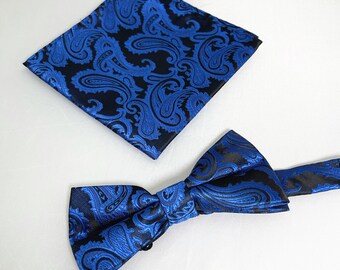 New formal Men/'s micro fiber Pre-tied Bow Tie /& Hankie Blue paisley wedding