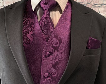 Crown Dark Plum Purple Paisley Men's Vest Longtie and Pocket Square 3pcs Set for all formal or casual occasion Prom Wedding Party