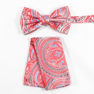 Novelty Paisley CORAL White Blue Butterfly Pretied bow tie and Pocket Square Handkerchief Hankie Set
