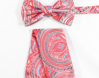 Novelty Paisley CORAL White Blue Butterfly Pretied bow tie and Pocket Square Handkerchief Hankie Set