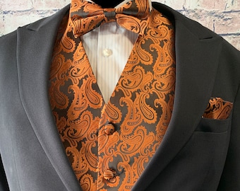 Rust Orange / black Two Tones Paisley Men's Vest Pre-tied bow tie and Pocket Square 3pcs Set for all formal or casual Prom Wedding Party