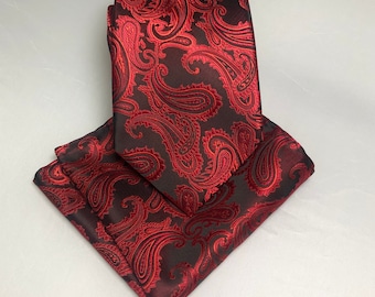 MENDENG Mens Rose Red Paisley Necktie Tie Bar Clip Pocket Square Cufflinks Set 