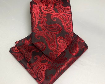 RED / BLACK Paisley Two Tone Colors Self tie Neck tie and Pocket Square Handkerchief Hankie Set Classic 3.5" Width Wedding Prom