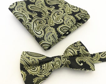Paisley Olive Green Black Pretied bow tie and Pocket Square Handkerchief Hankie Set