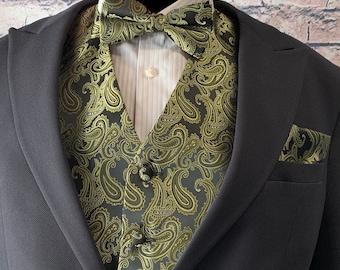 Olive Green Paisley Men's Vest Pre-tied bow tie and Pocket Square 3pcs Set for all formal or casual Prom Wedding Party