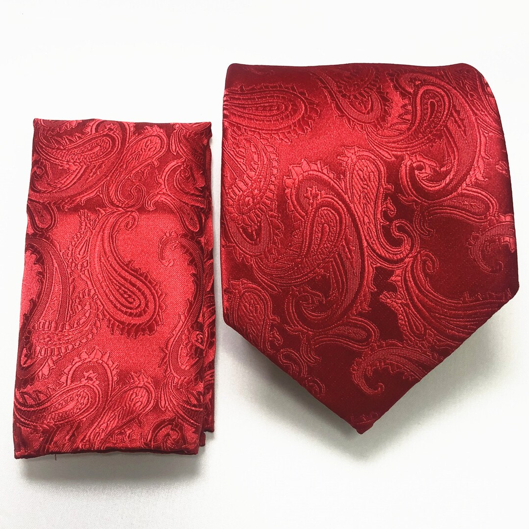 Red Paisley Self Tie Neck Tie and Pocket Square Handkerchief Hankie Set