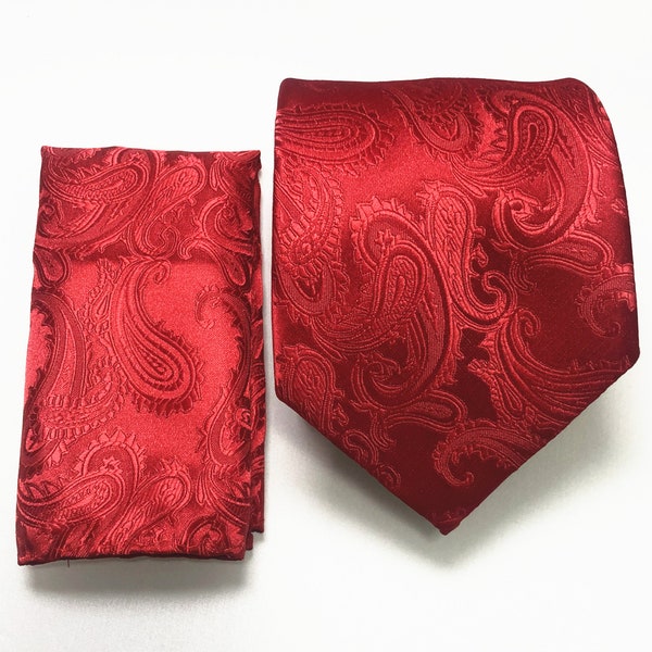 Red Paisley Self tie Neck tie and Pocket Square Handkerchief Hankie Set Party Christmas Holiday Prom Fall