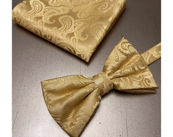 Men's Gold Paisley Pretied bow tie and Pocket Square Handkerchief Hankie Set Formal Casual Party Christmas Holiday Prom