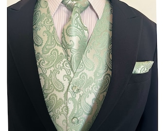 Mint Sage Green Paisley Men's Vest Longtie and Pocket Square 3pcs Set for all formal or casual occasion Prom Wedding Party Gift