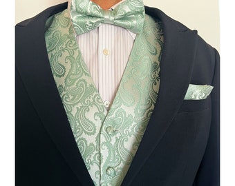 Mint Sage Green Paisley Men's Vest Bowtie and Pocket Square 3pcs Set for all formal or casual occasion Prom Wedding Party