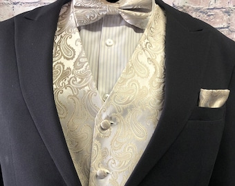 Beige Paisley Men's Vest Bow Tie and Pocket Square 3pcs Set